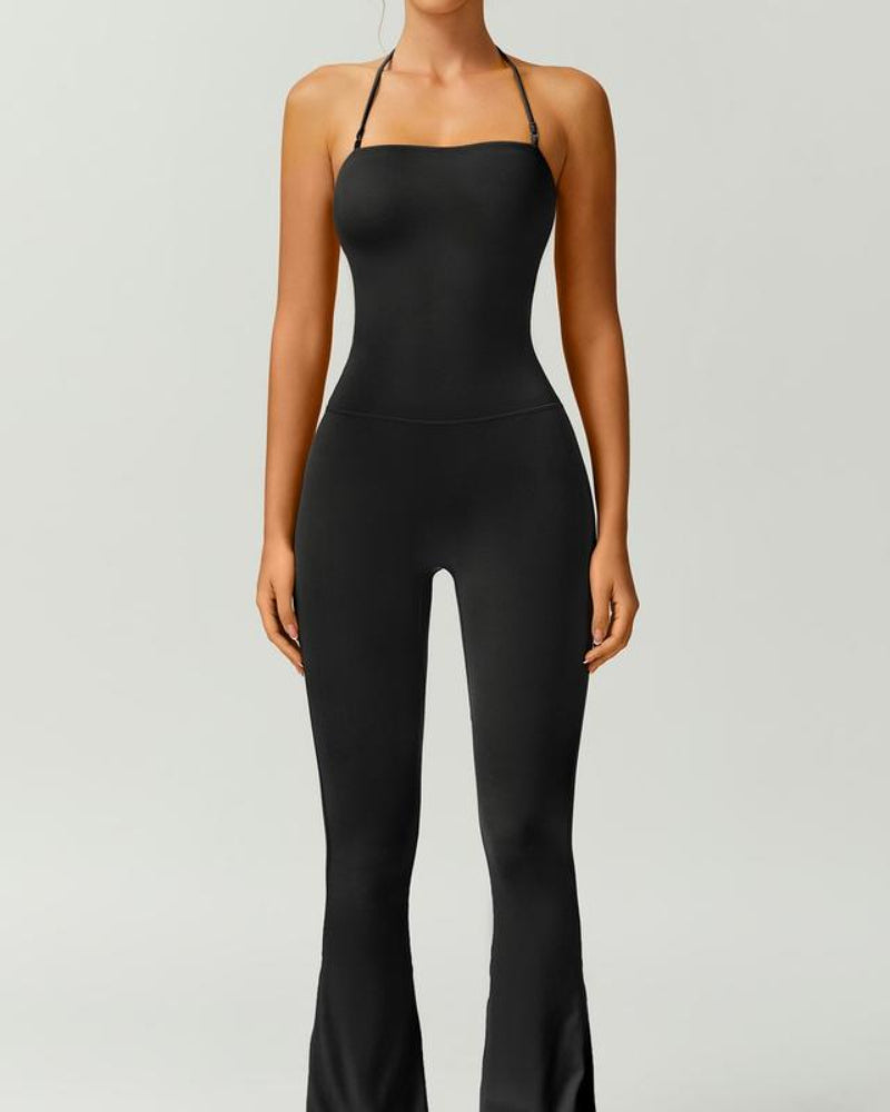 Women's Halter-Neck Bodycon Jumpsuit with Flare Legs – Ultra-Stretch, Butt-Lifting Activewear for a Sleek Silhouette