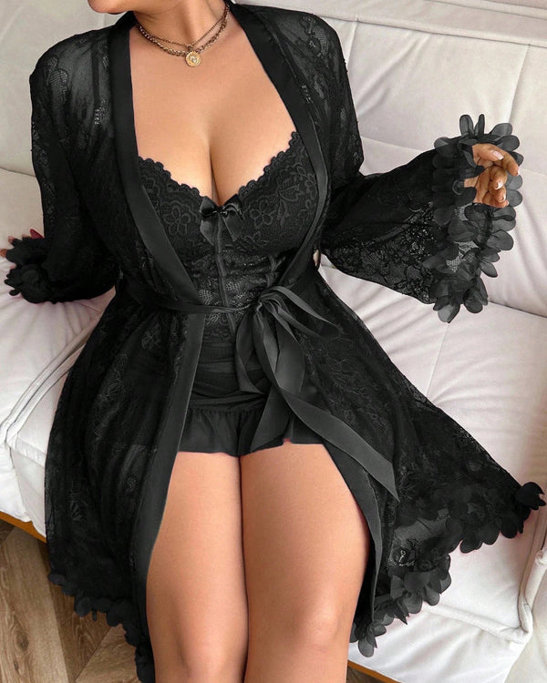 Plus-Size Lace Cami Nightgown Set with Floral Lace Trim and Sheer Robe with Wide Sleeves