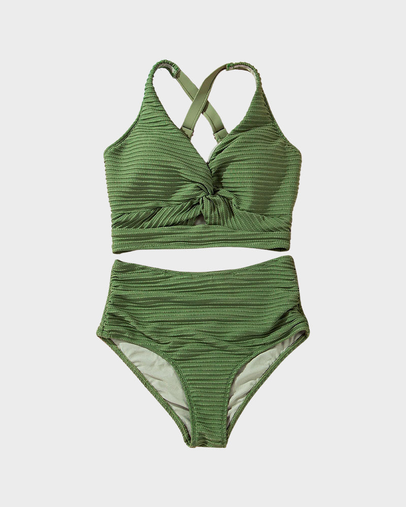 Textured Knot-Front High-Waisted Bikini Set - Flattering Fit & Comfortable