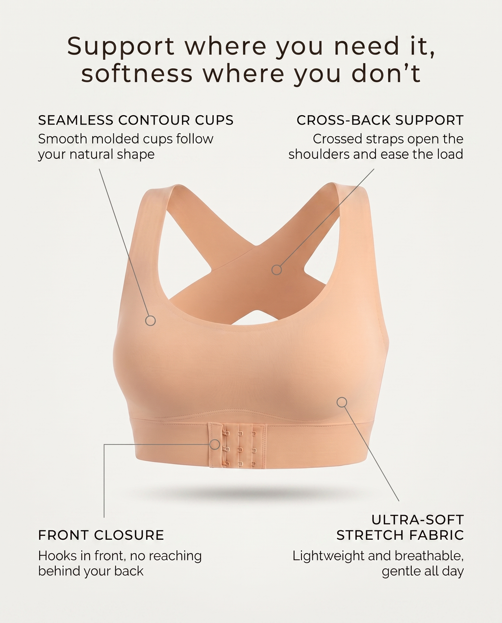 Crossover-Back Front-Hook Wire-Free Posture Bra