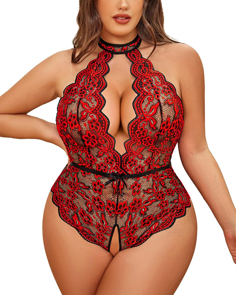 Plus Size Lace Teddy – Sultry Halter Crotchless Bodysuit for Curves