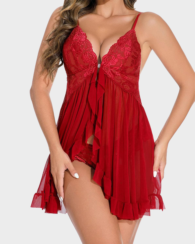 Seductive Lace Mesh Sheer Nightgown with Matching Thong Set