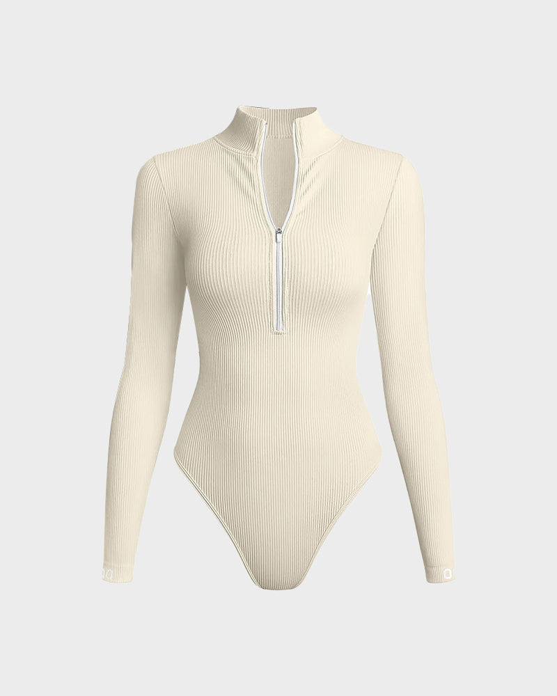 Ribbed Long-Sleeve Half-Zip Shaping Bodysuit for a Sleek Silhouette