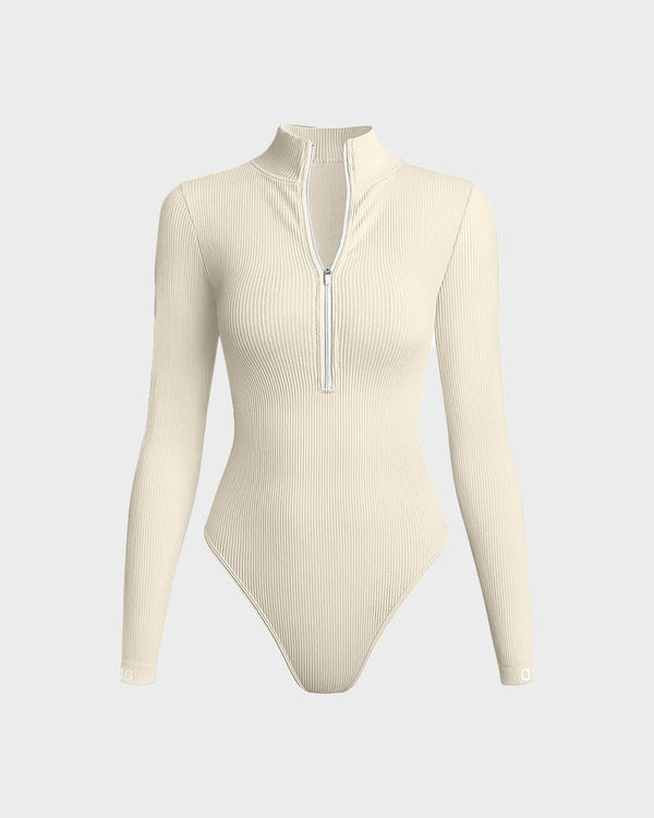 Ribbed Long-Sleeve Half-Zip Shaping Bodysuit for a Sleek Silhouette