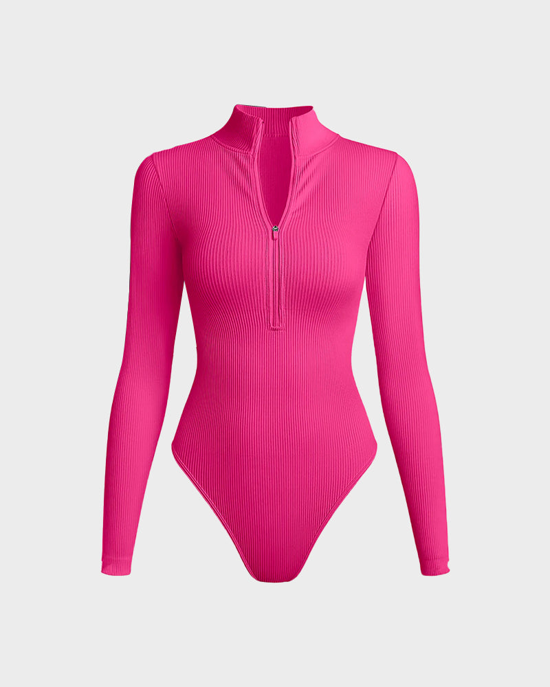 Ribbed Long-Sleeve Half-Zip Shaping Bodysuit for a Sleek Silhouette