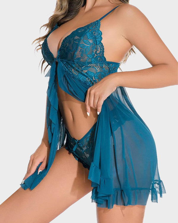 Seductive Lace Mesh Sheer Nightgown with Matching Thong Set