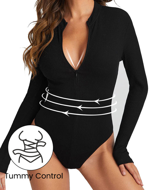 Ribbed Long-Sleeve Half-Zip Shaping Bodysuit for a Sleek Silhouette
