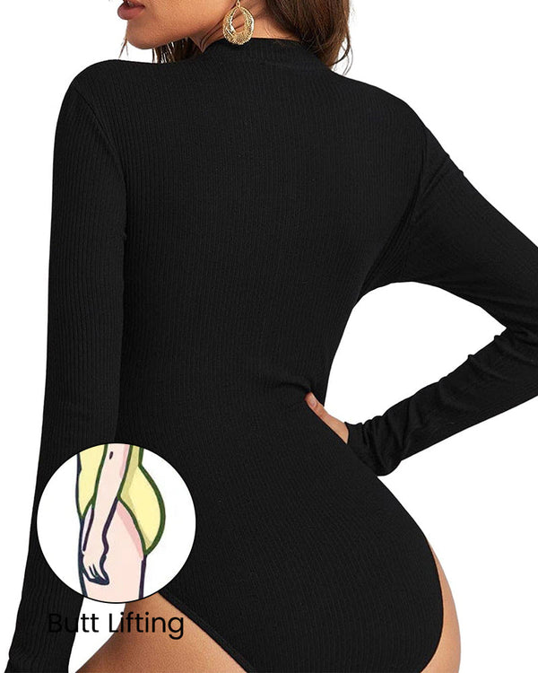 Ribbed Long-Sleeve Half-Zip Shaping Bodysuit for a Sleek Silhouette