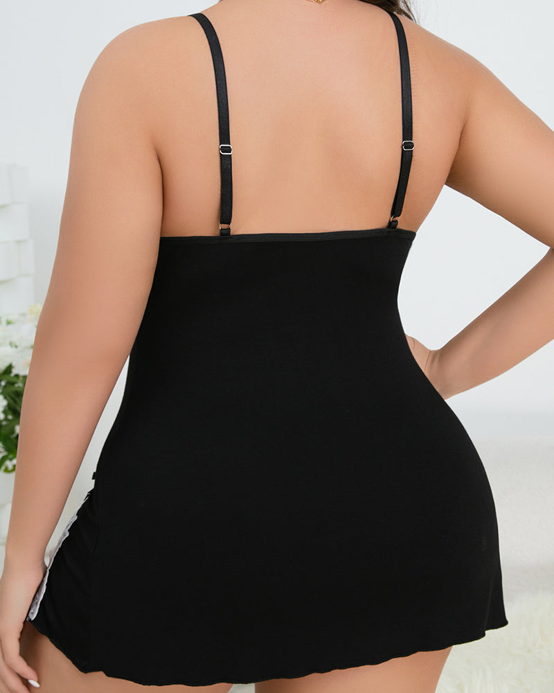 Plus-Size V-Neck Nightgown with Lace Trim and Side Slits