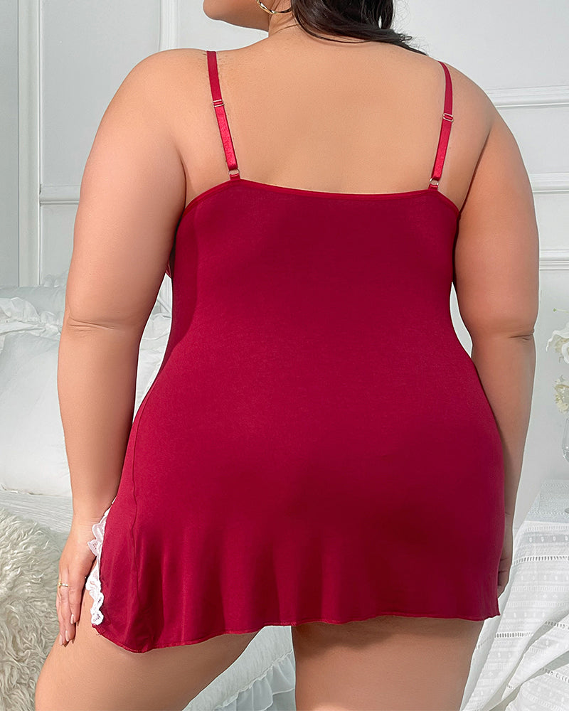 Plus-Size V-Neck Nightgown with Lace Trim and Side Slits