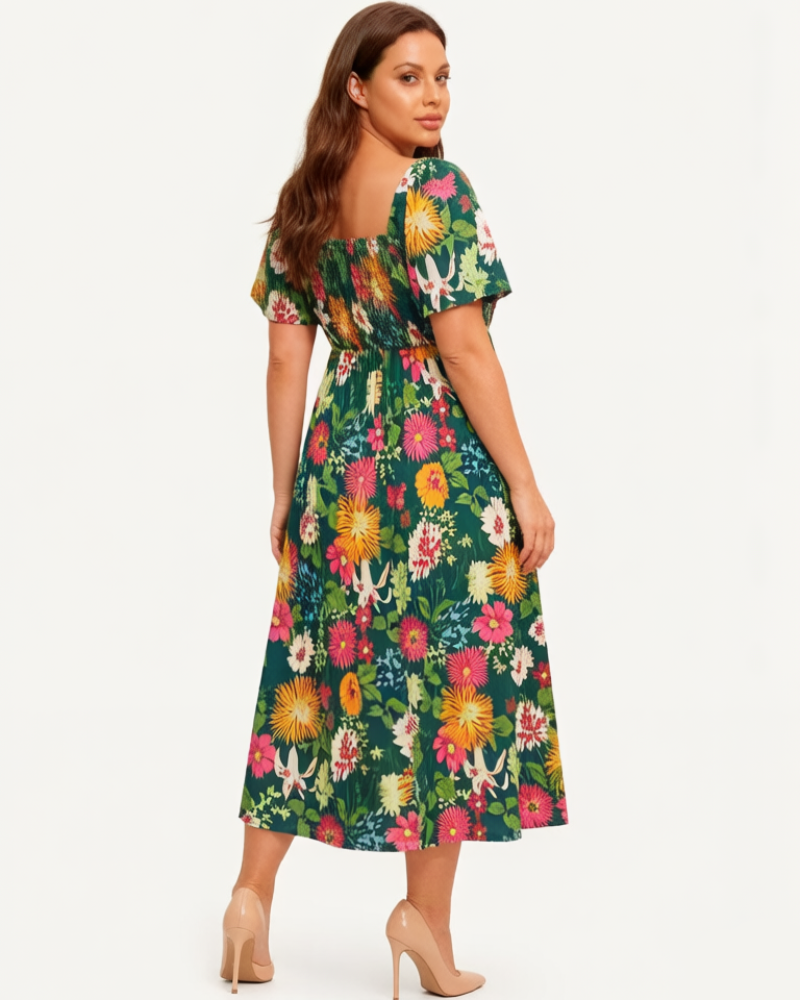 Chic Floral Smocked Square-Neck Midi Dress with Pockets