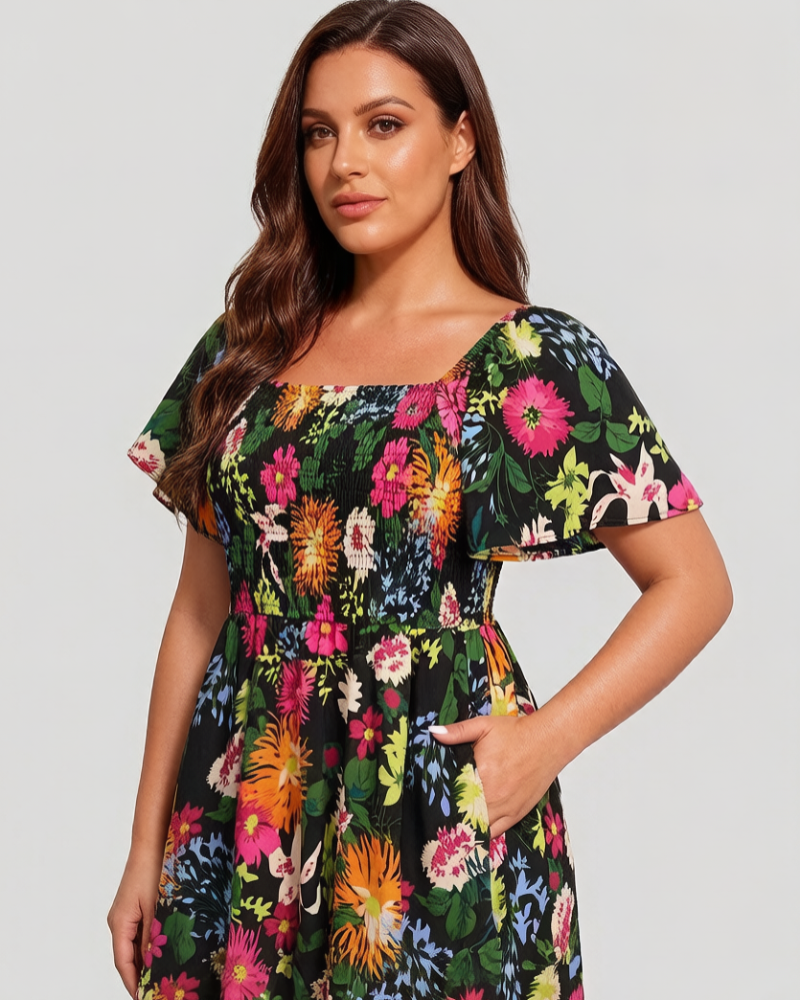 Chic Floral Smocked Square-Neck Midi Dress with Pockets