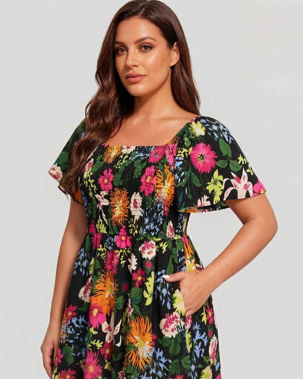 Chic Floral Smocked Square-Neck Midi Dress with Pockets