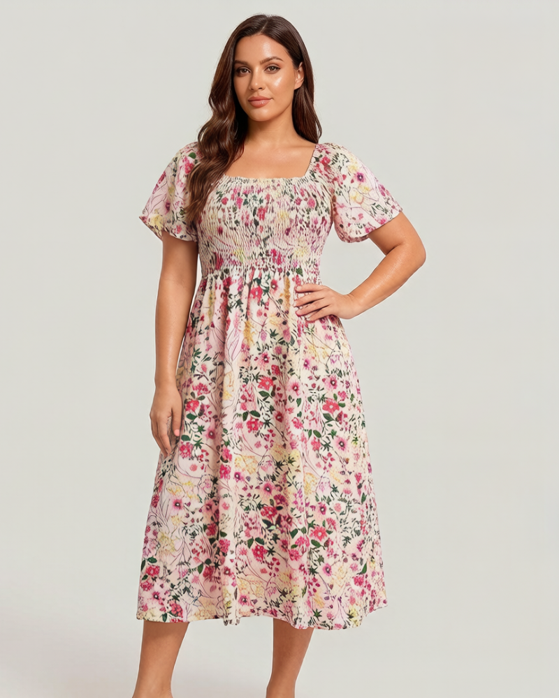 Chic Floral Smocked Square-Neck Midi Dress with Pockets