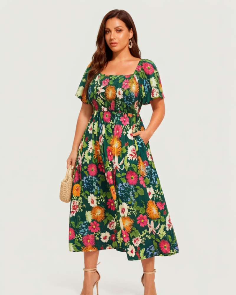 Chic Floral Smocked Square-Neck Midi Dress with Pockets