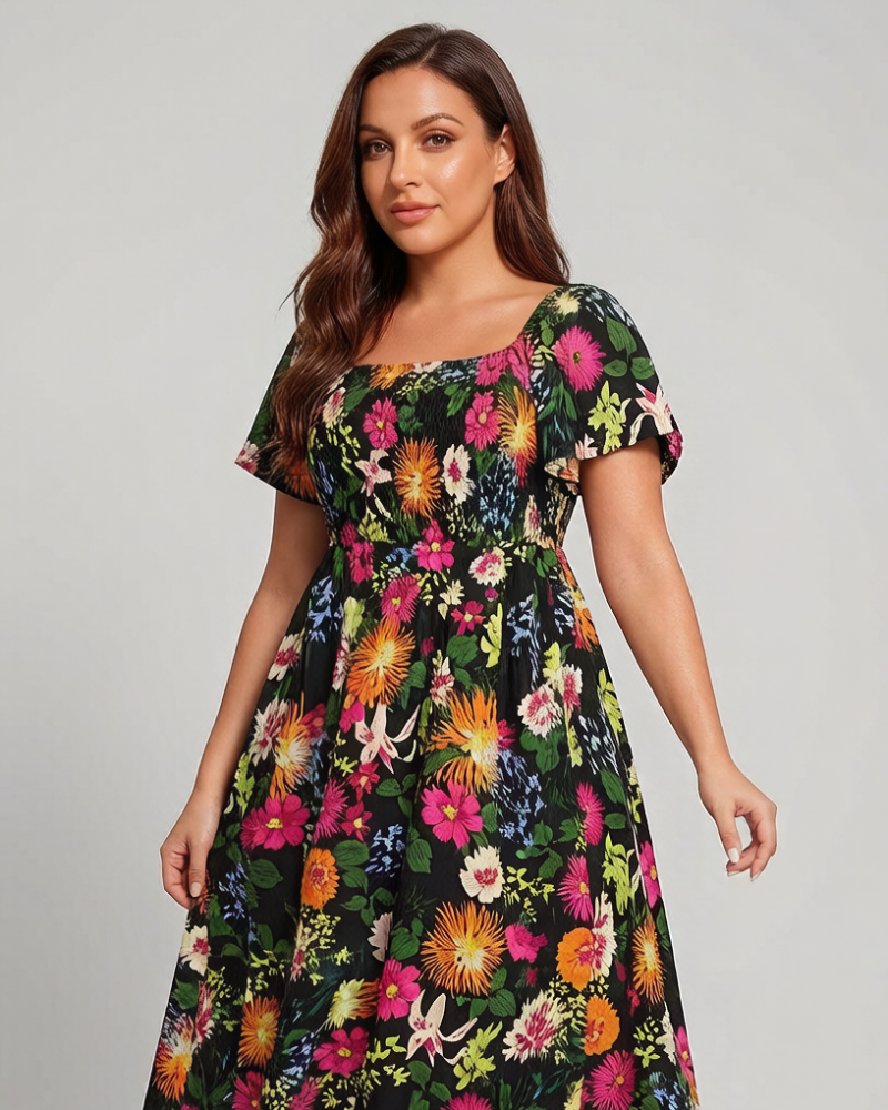 Chic Floral Smocked Square-Neck Midi Dress with Pockets