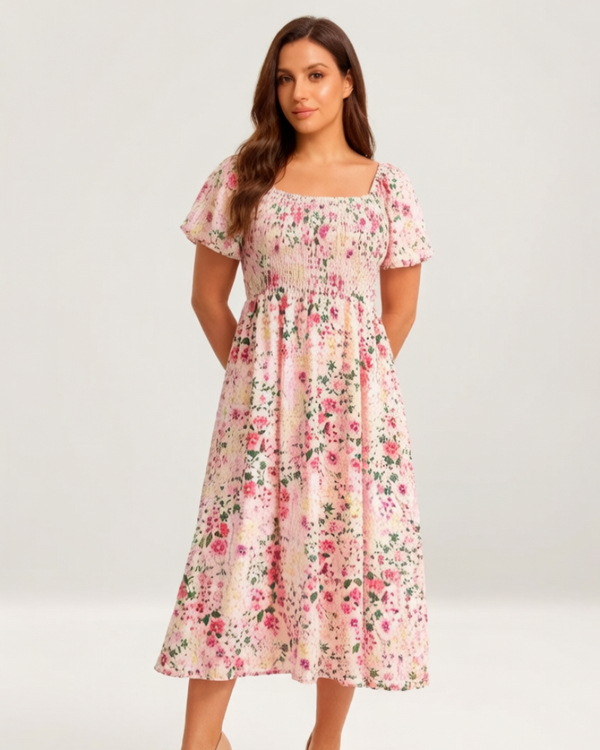 Chic Floral Smocked Square-Neck Midi Dress with Pockets