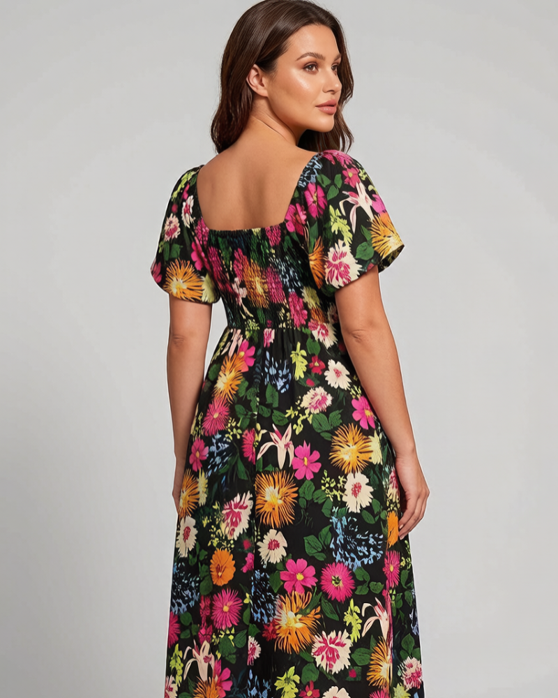 Chic Floral Smocked Square-Neck Midi Dress with Pockets