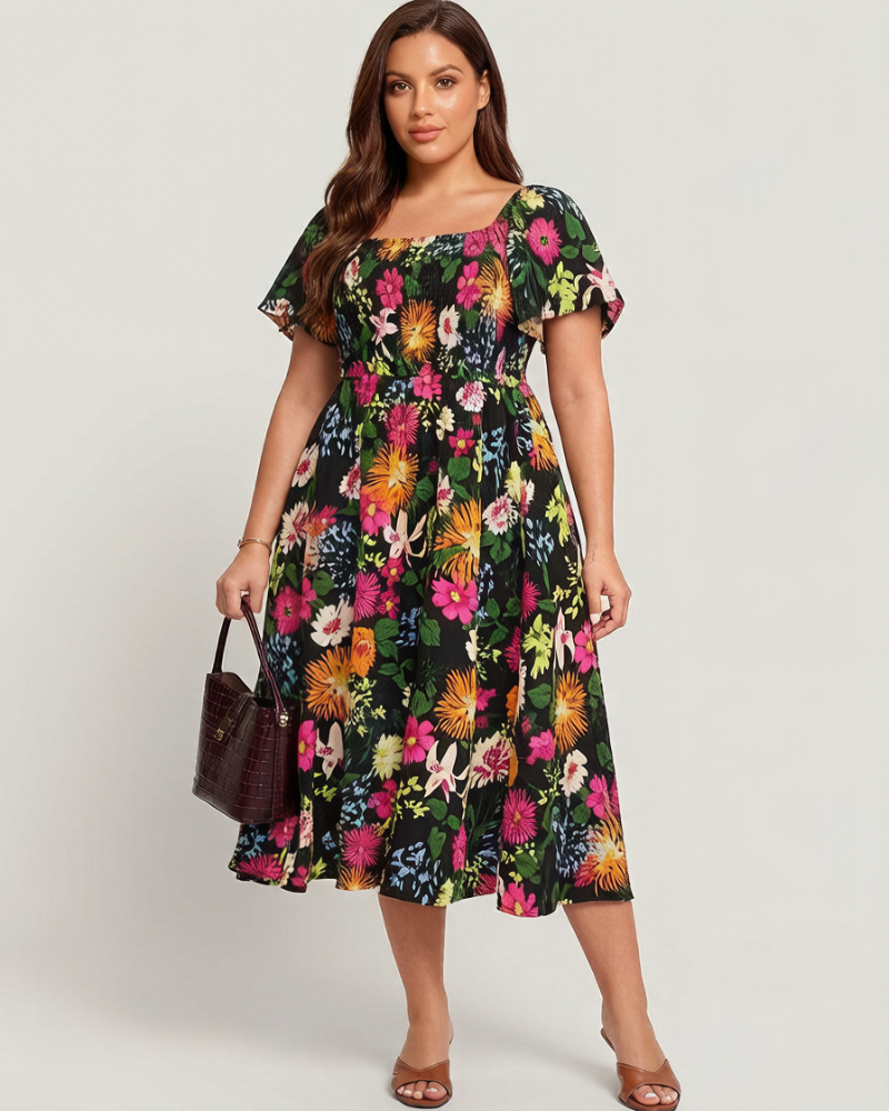 Chic Floral Smocked Square-Neck Midi Dress with Pockets Main image