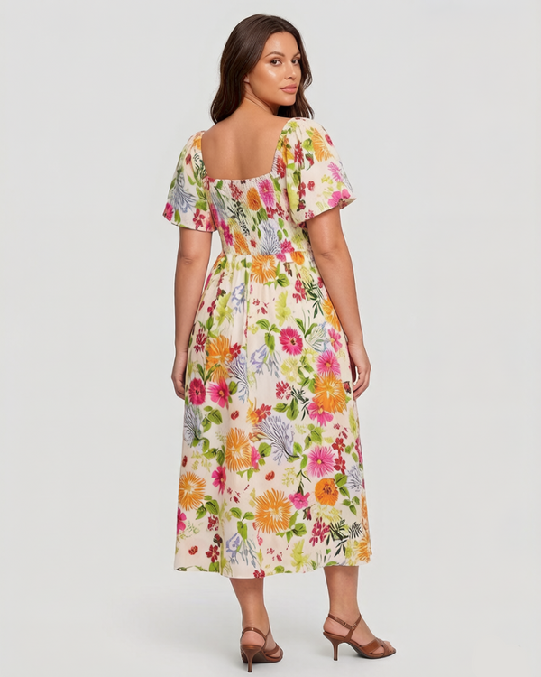 Chic Floral Smocked Square-Neck Midi Dress with Pockets