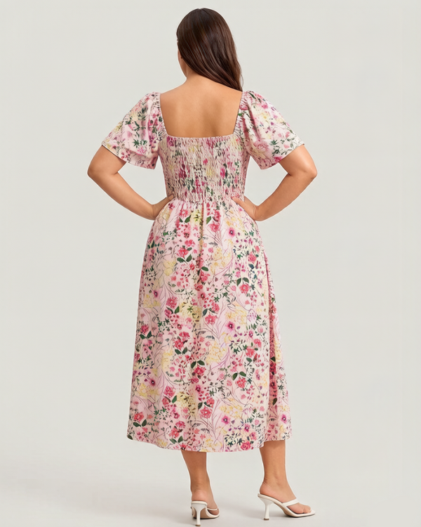 Chic Floral Smocked Square-Neck Midi Dress with Pockets