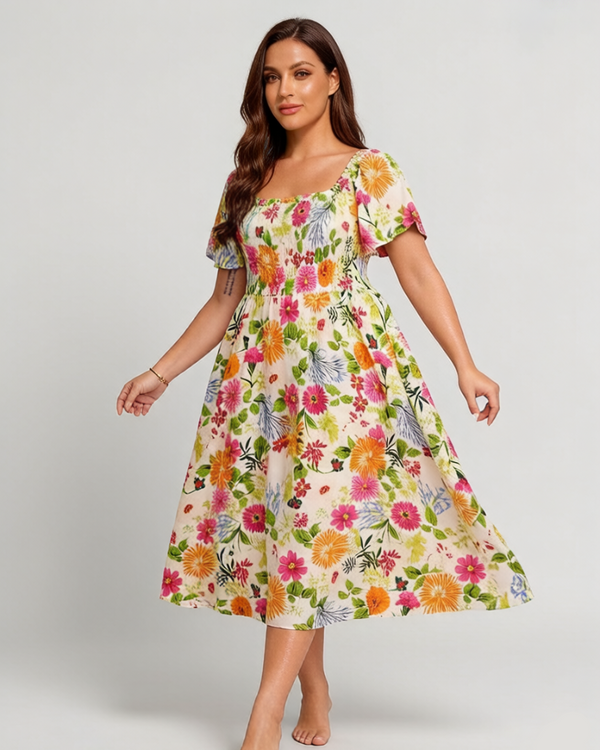 Chic Floral Smocked Square-Neck Midi Dress with Pockets
