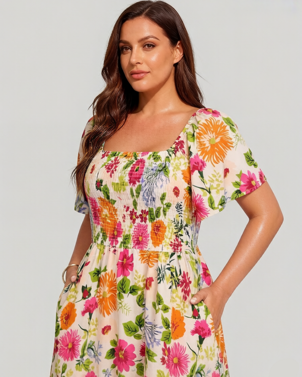 Chic Floral Smocked Square-Neck Midi Dress with Pockets
