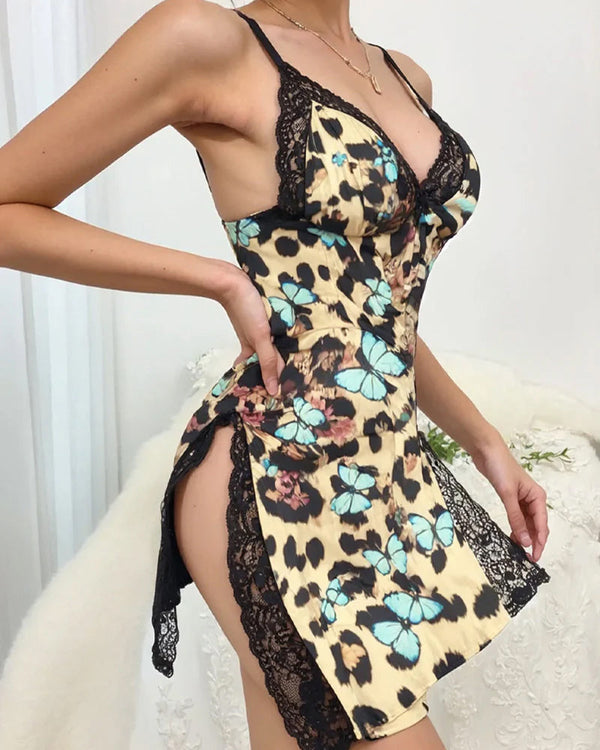 Lace-Trim Slit Sleep Dress with Bowknot Embellishment