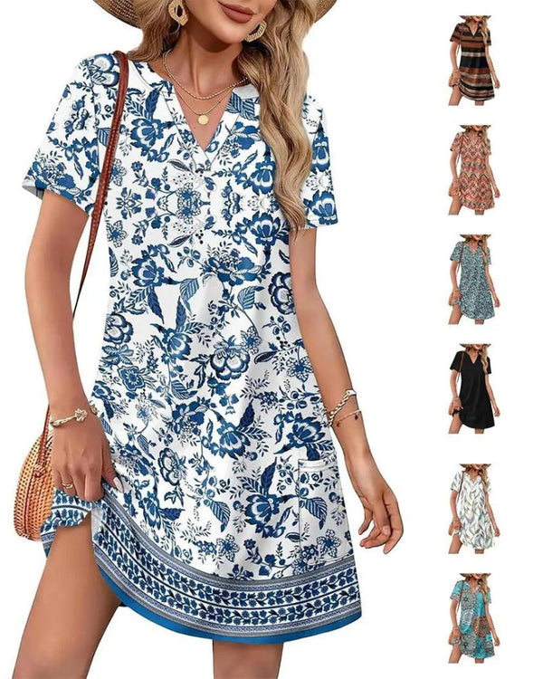 Summer 2026 Women's V-Neck Casual Short-Sleeve Dress for Beach, Wedding & Vacation Wear