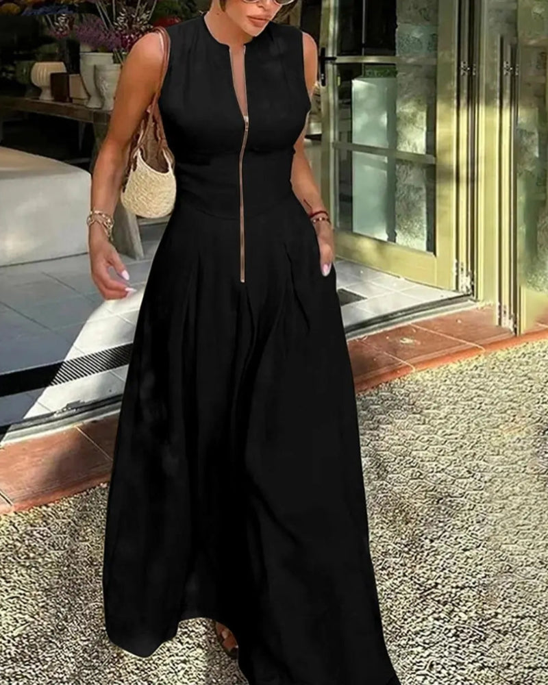 Women's Loose-Fit Maxi Dress with Pleats, Pockets, and a Slit — Effortless Summer Comfort