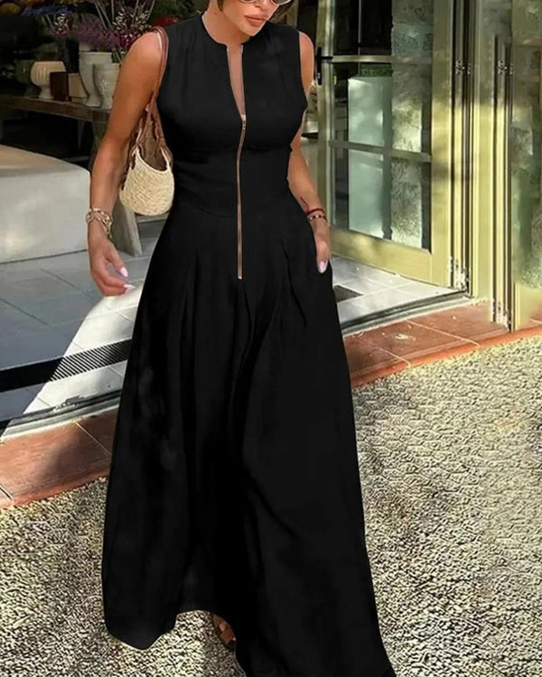 Women's Loose-Fit Maxi Dress with Pleats, Pockets, and a Slit — Effortless Summer Comfort