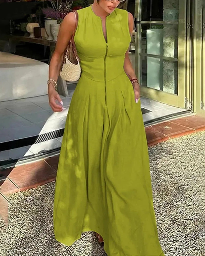 Women's Loose-Fit Maxi Dress with Pleats, Pockets, and a Slit — Effortless Summer Comfort