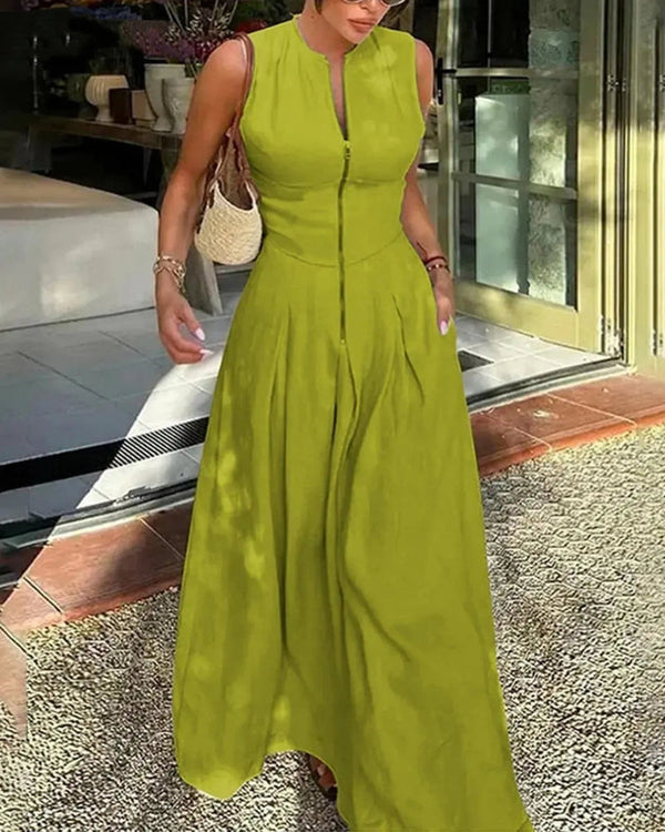 Women's Loose-Fit Maxi Dress with Pleats, Pockets, and a Slit — Effortless Summer Comfort