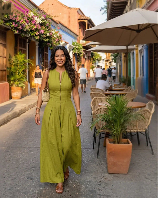 Women's Loose-Fit Maxi Dress with Pleats, Pockets, and a Slit — Effortless Summer Comfort