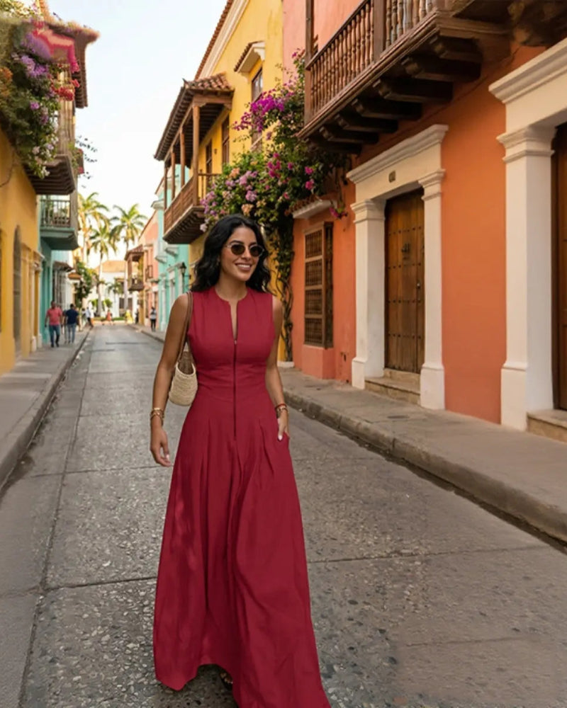 Women's Loose-Fit Maxi Dress with Pleats, Pockets, and a Slit — Effortless Summer Comfort