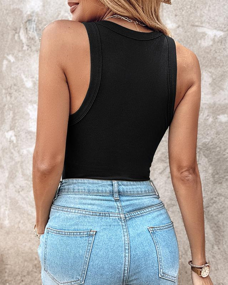 Ribbed Round-Neck Tank Top with Built-In Bra Pads for All-Day Comfort and Support