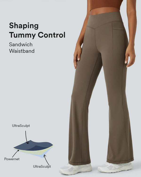 Sculpted High-Waist Tummy-Control Flare Leggings with Pockets