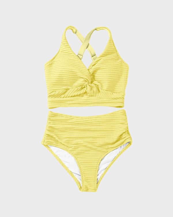 Textured Knot-Front High-Waisted Bikini Set - Flattering Fit & Comfortable